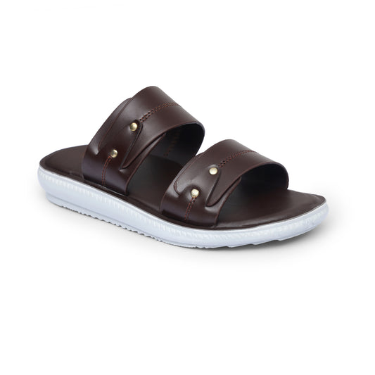 Brown Dual-Strap Pure Leather Slides - FL - 01