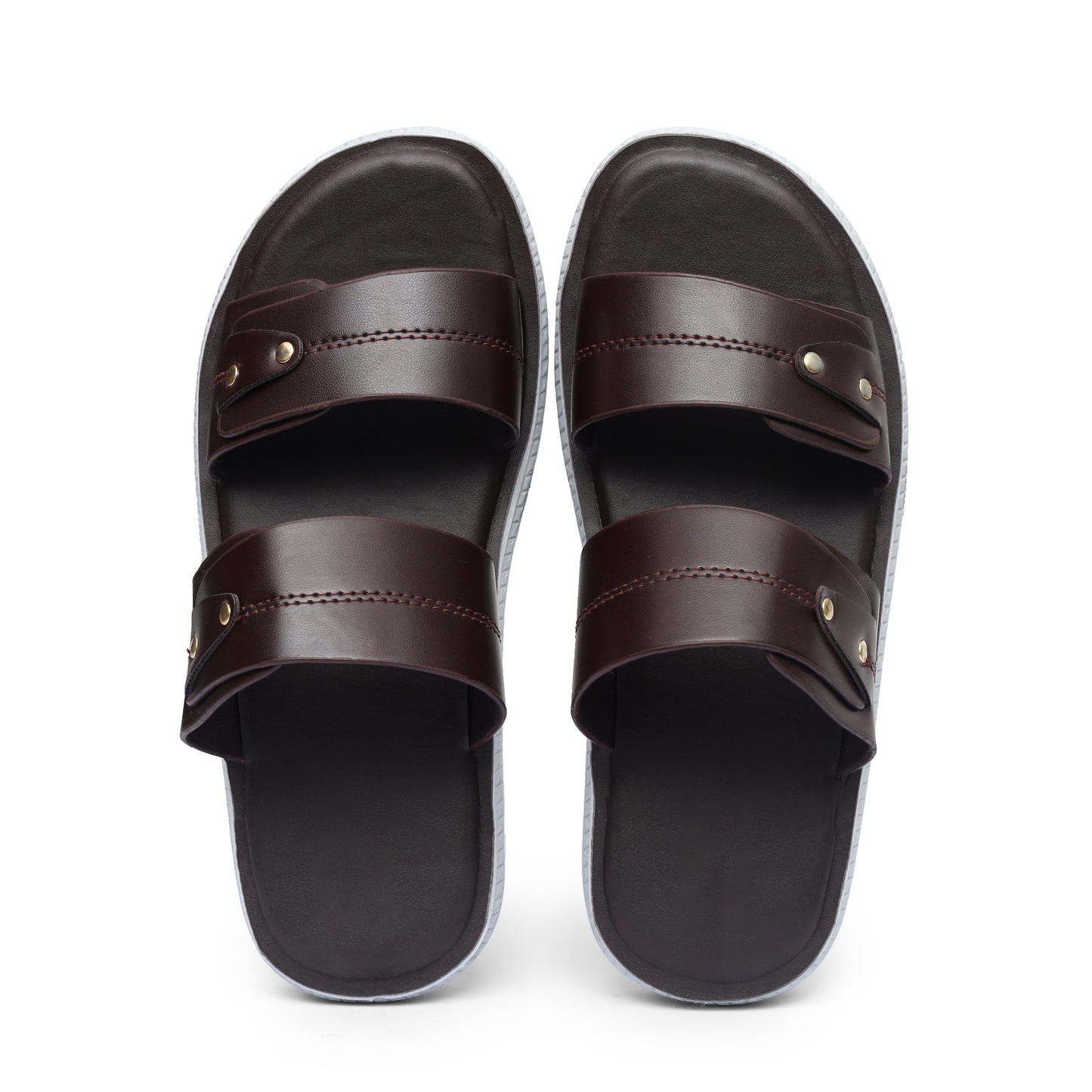 Brown Dual-Strap Pure Leather Slides - FL - 01