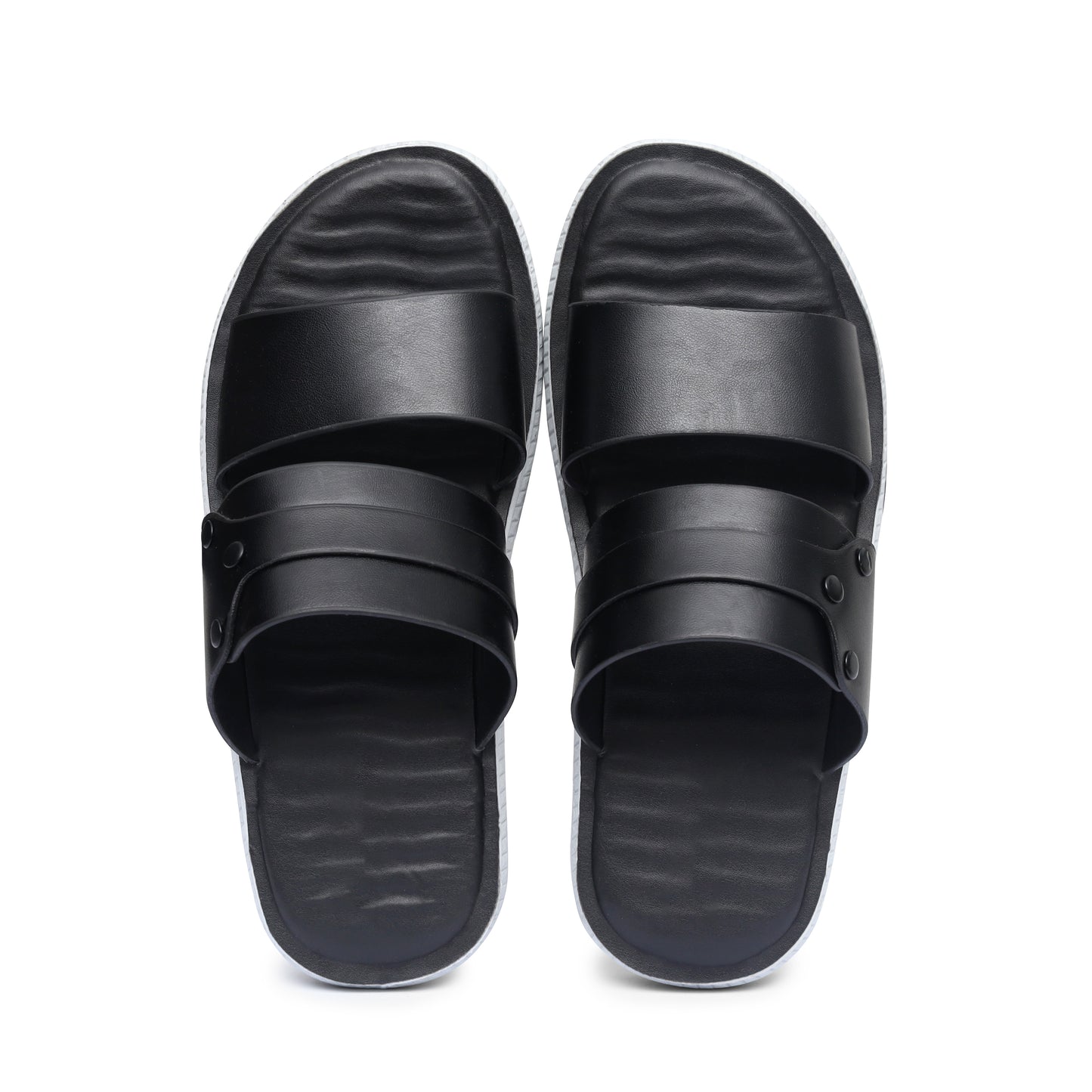 Black Dual-Strap Pure Leather Slides - FL - 02