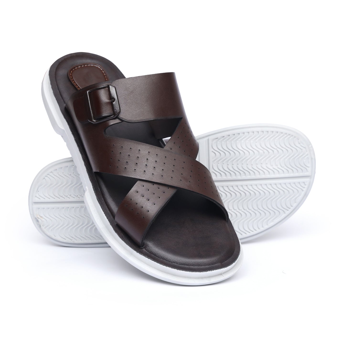 Dotted Cross-Buckled Brown Slides