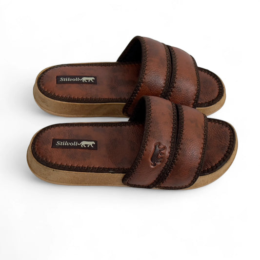 Brown Strap Pure Leather Slides - HE - 4 - JOGGY