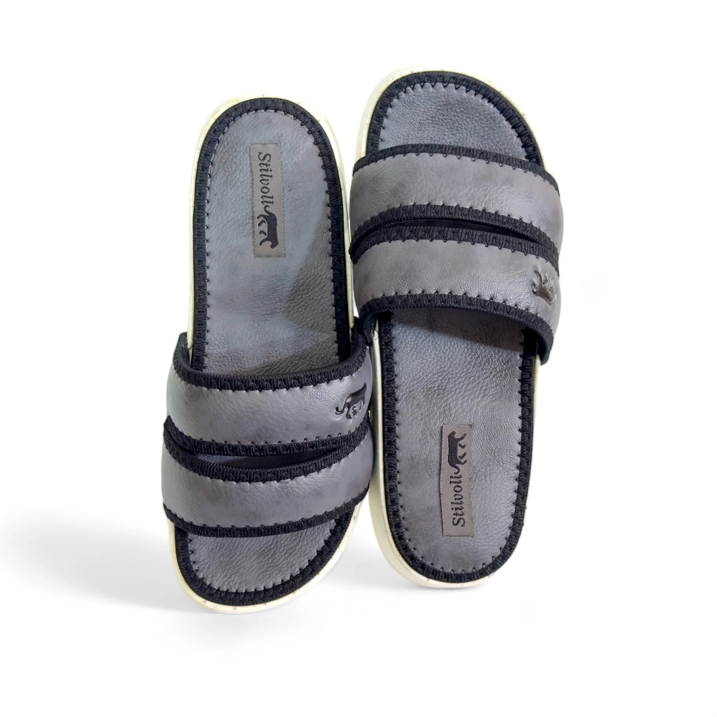 Ash Grey Strap Pure Leather Slides - HE - 4 - JOGGY