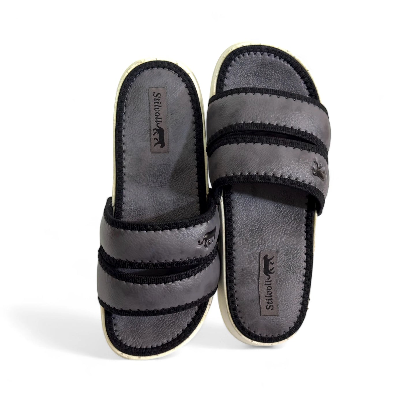 Dark Grey Strap Pure Leather Slides - HE - 4 - JOGGY