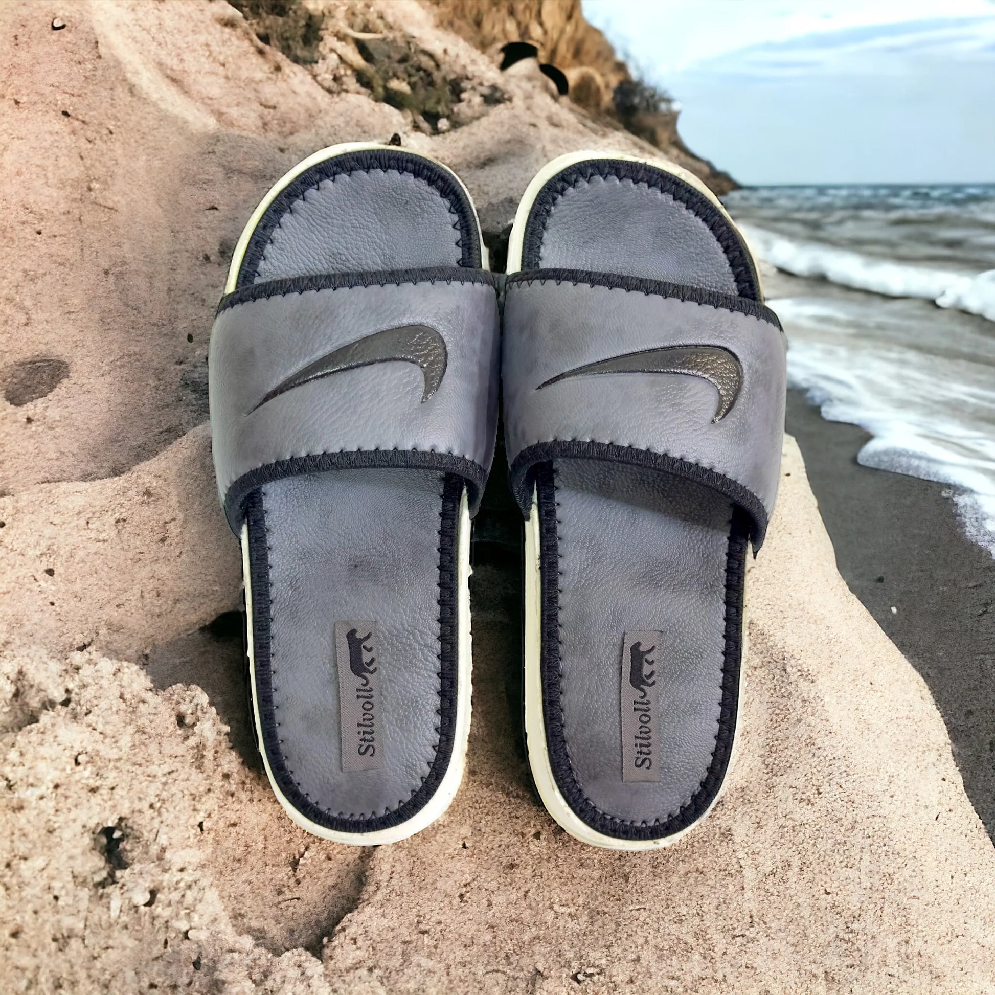 Ash Grey Pure Leather Nike Slides - HE - 3 - JOGGY
