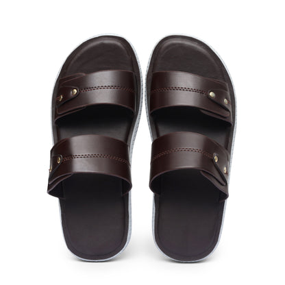 Brown Dual-Strap Pure Leather Slides - FL - 01