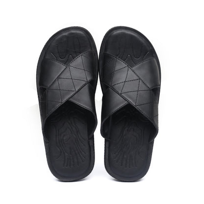 Black Quilted Pure Leather Slides - FL - 03