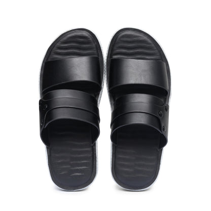 Black Dual-Strap Pure Leather Slides - FL - 02