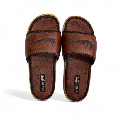 Premium Brown Pure Leather Slides - HE - 3