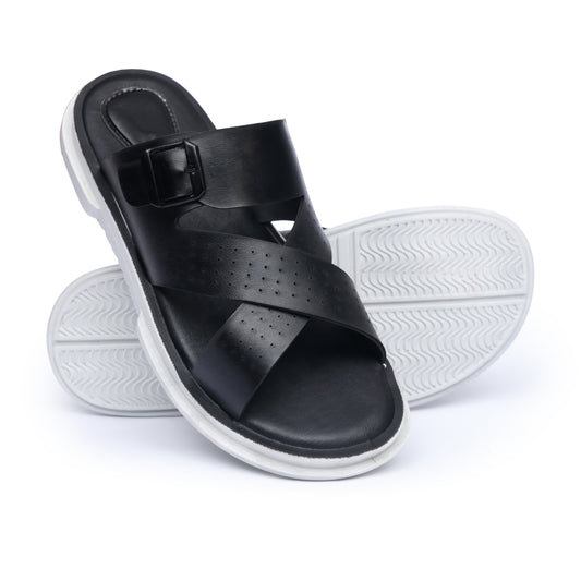 Dotted Cross-Buckled Black Slides