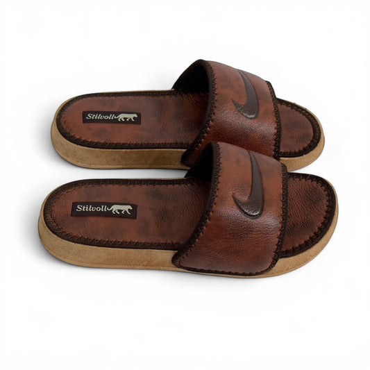 Premium Brown Pure Leather Slides - HE - 3