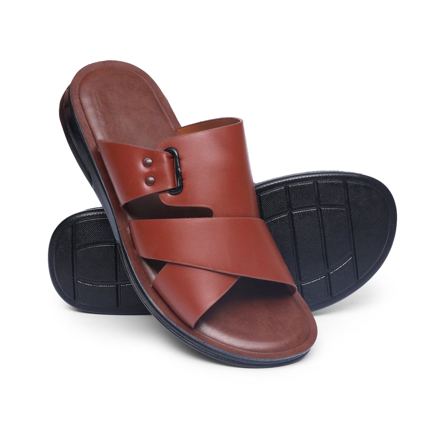 Cross-Buckled Tan Slides - V8