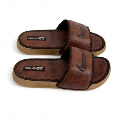 Brown Pure Leather Nike Slides - HE - 3