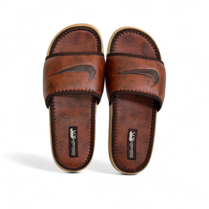 Brown Pure Leather Nike Slides - HE - 3