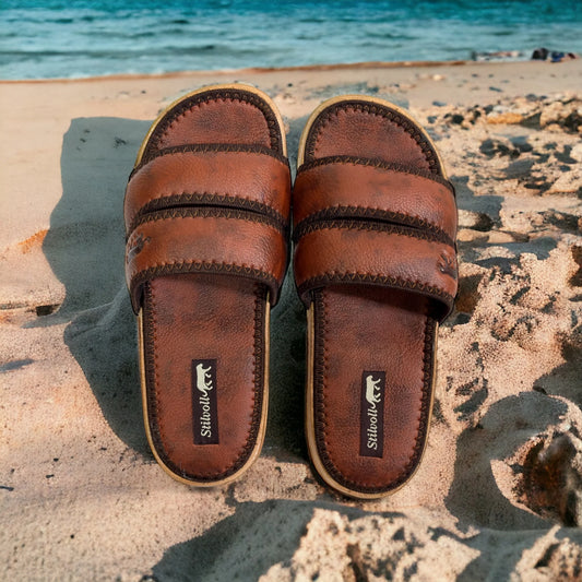 Brown Strap Pure Leather Slides - HE - 4