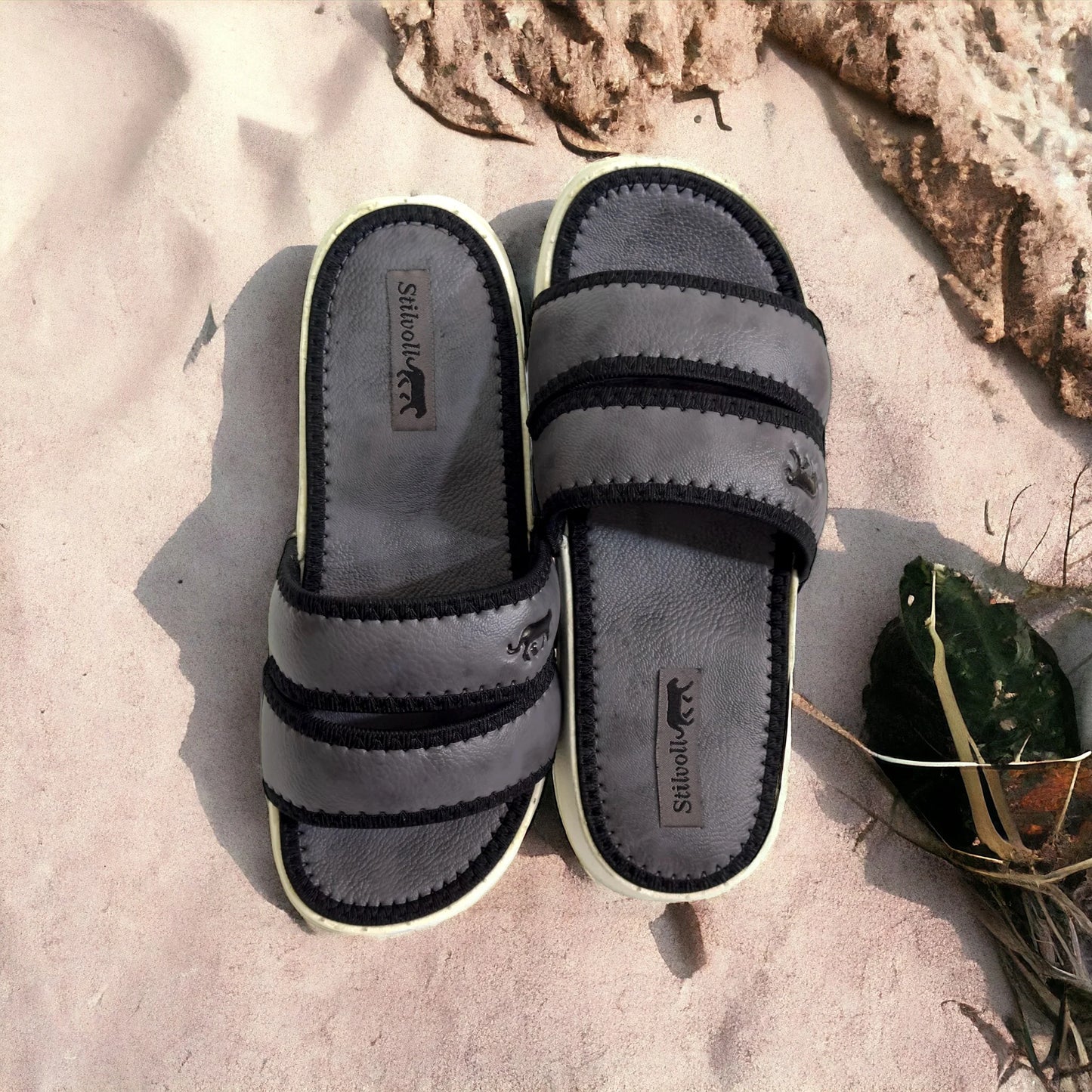 Dark Grey Strap Pure Leather Slides - HE - 4